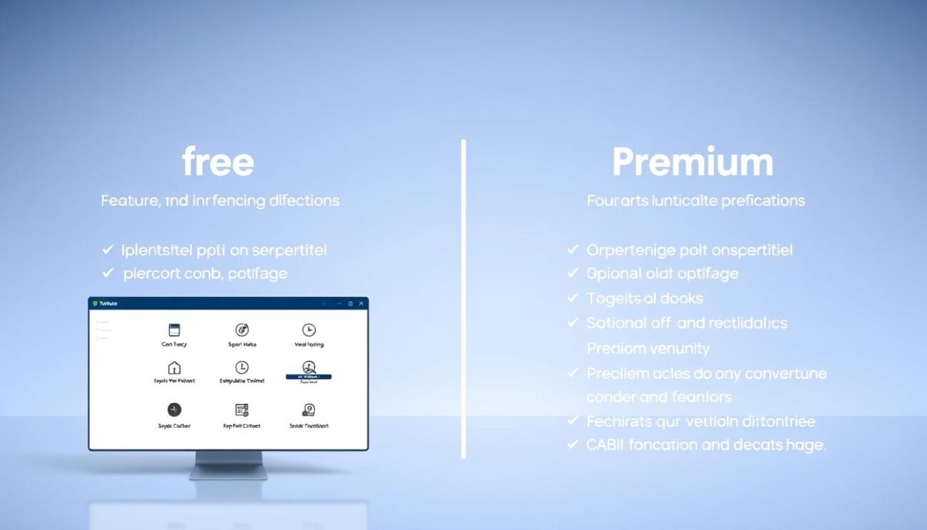A detailed comparison of the features in TiviMate's free and premium versions, showcased against a sleek, modern backdrop. In the foreground, a clean and minimalist interface displays the key differences, with icons and text neatly arranged to highlight the functionality of each plan. The middle ground features a subtle grid pattern, suggesting the organizational structure of the software. In the background, a soft, gradient-based color scheme sets a calm, professional tone, complementing the overall aesthetic. Crisp lighting and a slightly elevated camera angle lend a sense of authority and importance to the subject matter.