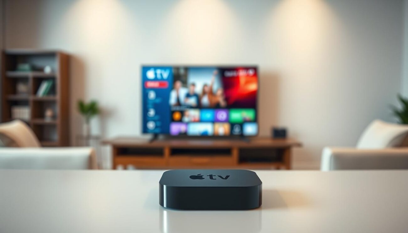 A gleaming, sleek Apple TV 4K device rests on a minimalist white table, its elegant silhouette illuminated by soft, diffused lighting. In the middle ground, a vibrant IPTV interface is displayed on the device's screen, showcasing a diverse array of entertainment options. The background features a subtly blurred, modern living room setting, hinting at the device's integration into a seamless, connected home environment. The overall composition conveys a sense of technological sophistication and the boundless entertainment possibilities of IPTV on the Apple TV 4K platform.