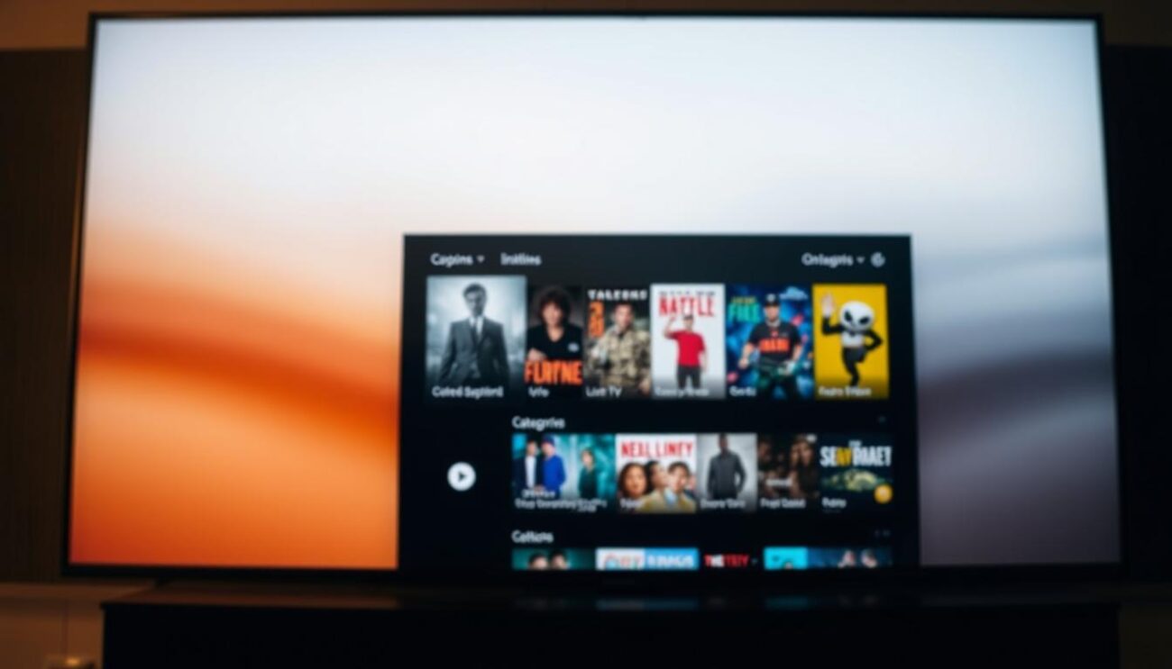 A high-quality image of the key features of the IPTV Smarters Player, showcased in a clean, modern, and visually appealing way. The foreground depicts the player interface with intuitive controls, a sleek and minimalist design, and prominent icons representing its core features such as live TV, on-demand content, and playback settings. The middle ground showcases a variety of content thumbnails and categories, highlighting the breadth of entertainment options available. The background features a soft, blurred gradient in a neutral color palette, creating a sense of depth and focus on the player's interface. The lighting is balanced, with a subtle warm tone, and the camera angle is slightly elevated to provide an optimal view of the player's layout and functionality.