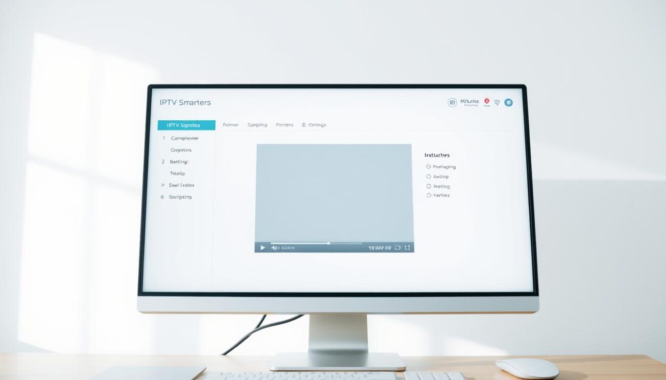 A modern desktop computer screen showing the IPTV Smarters Player application interface. The screen displays a clean, minimalist design with a central video player window surrounded by intuitive menu options and settings. The lighting is natural and diffused, creating a soft, inviting atmosphere. The camera angle is slightly elevated, providing a clear and unobstructed view of the application. The overall composition emphasizes the user-friendly experience and the power of the IPTV Smarters Player as a premier streaming solution.