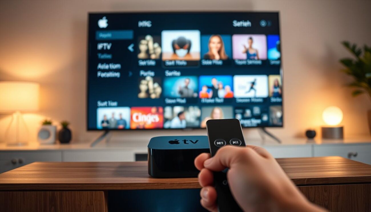 A modern home living room with a sleek black Apple TV device prominently displayed on a wooden entertainment center. The room is illuminated by soft, warm lighting, creating a cozy and inviting atmosphere. In the foreground, a hand holding a remote control is visible, symbolizing the user's interaction with the Apple TV. The background features a large, high-definition television screen showcasing various IPTV streaming options and content. The composition captures the seamless integration of technology and home entertainment, emphasizing the ease of configuring the Apple TV for IPTV services.