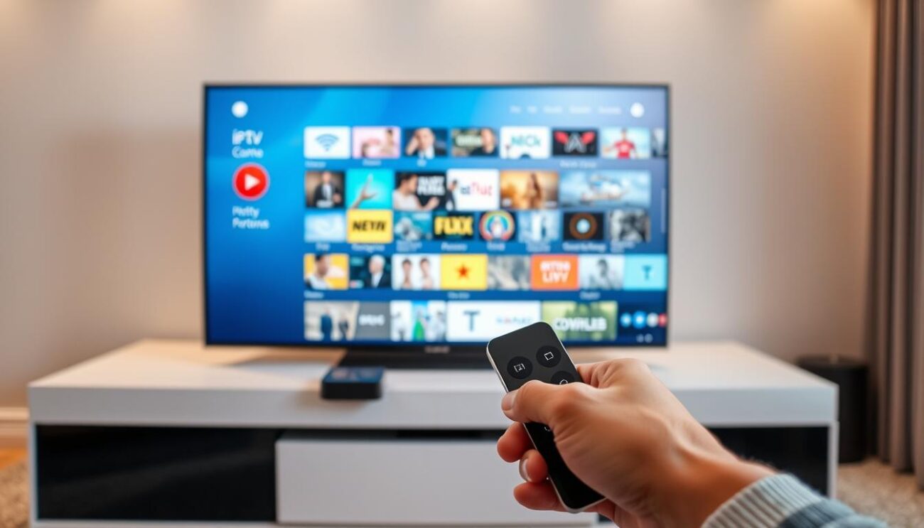 A modern, well-lit interior setting with an Apple TV device prominently displayed on a sleek, minimalist media console. The screen is filled with a visually appealing IPTV app interface, showcasing a wide selection of content options. In the foreground, hands gently manipulate the Apple TV remote, navigating through the app's intuitive menus. The overall atmosphere is one of technological sophistication and seamless media integration, capturing the essence of effortlessly configuring an IPTV service on the Apple TV platform.