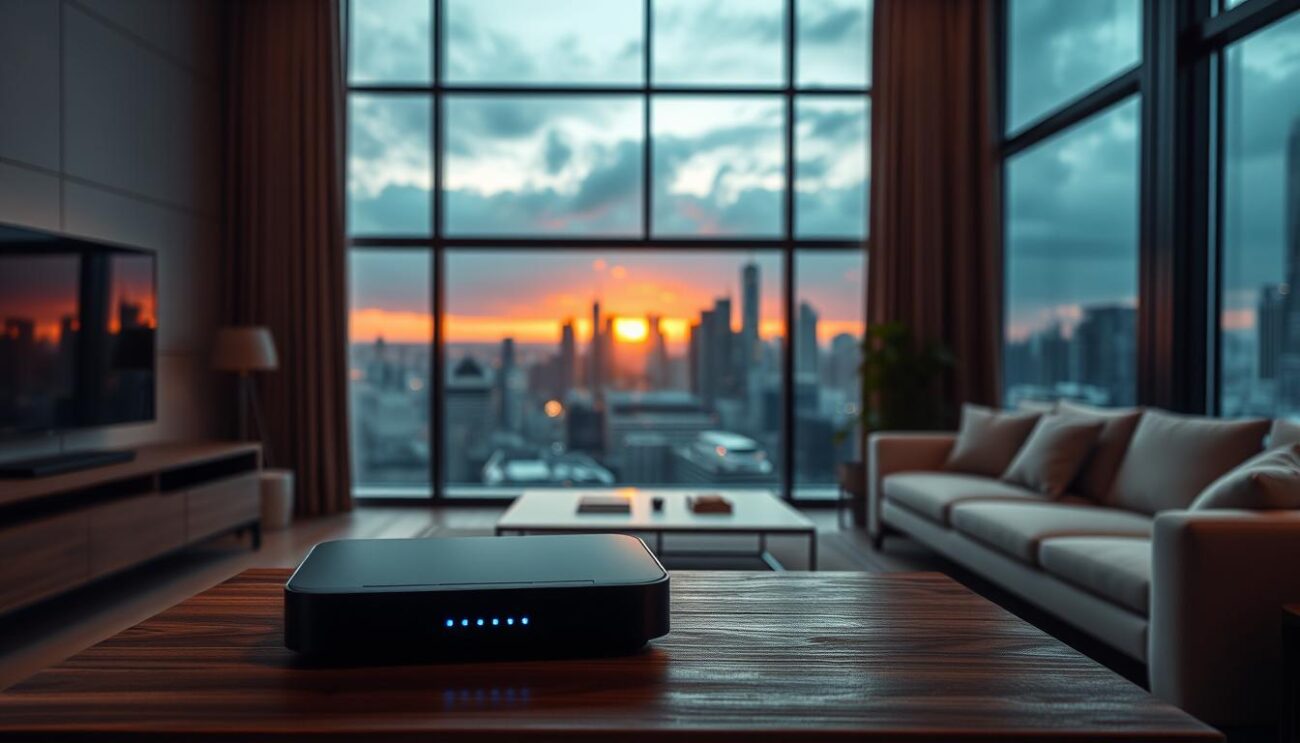 A serene and modern living room with large windows overlooking a picturesque cityscape. In the foreground, a sleek IPTV streaming device rests on a minimalist wooden entertainment console, its soft blue LED lights casting a gentle glow. The middle ground features a comfortable sofa and armchair, inviting the viewer to sit and enjoy the streaming experience. The background showcases the bustling city skyline, with skyscrapers and a vibrant sunset in the distance, creating a sense of tranquility and connectivity. The lighting is soft and diffused, with a warm, ambient tone that enhances the cozy and immersive atmosphere.