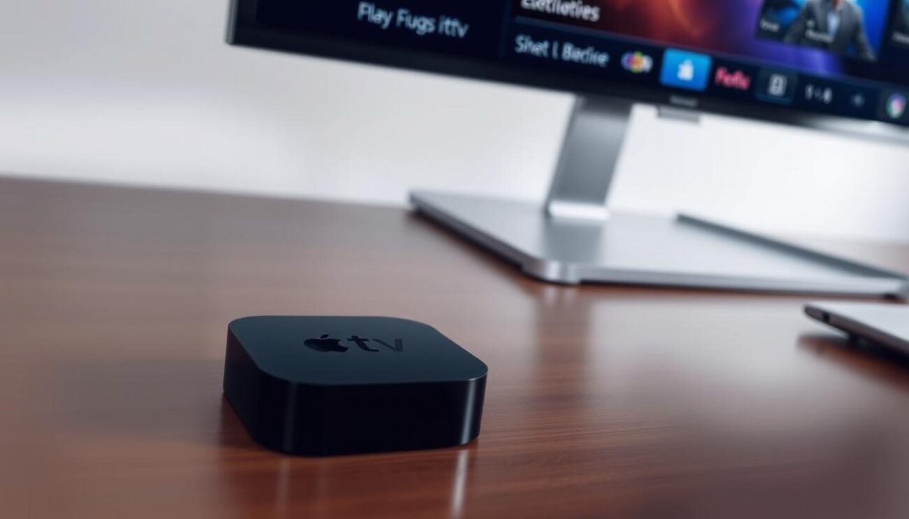 A sleek and modern Apple TV device rests on a minimalist wooden desk, its simple yet elegant design complementing the clean, well-lit workspace. The TV's interface is displayed on a large, high-resolution monitor, showcasing the setup process for an IPTV service, with intuitive menus and options clearly visible. The scene conveys a sense of technological prowess and seamless integration, reflecting the user's effortless ability to unlock a world of endless entertainment with their Apple TV and IPTV subscription.